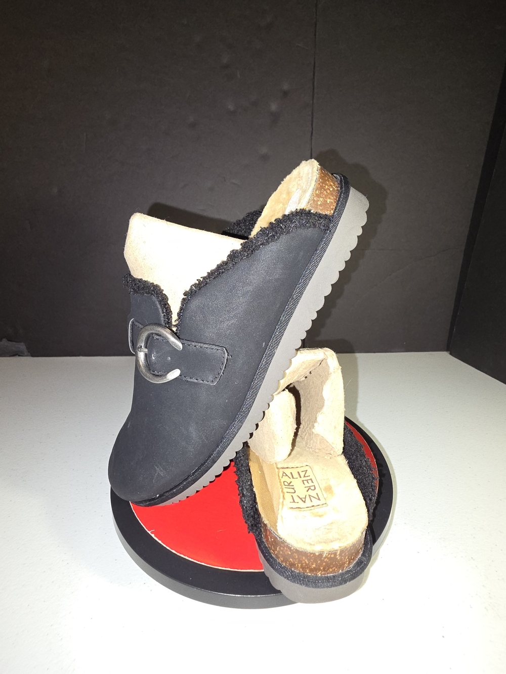 Naturalizer Becks Mules Black and Cream Faux Fur-Trim Slip-On Clogs Sz 7M Cozy